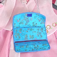 Floral Silk Handbag and Billfold (aqua-blue) - open