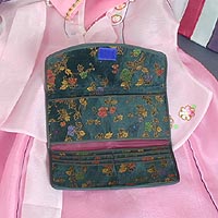 Floral Silk Handbag and Billfold (dark-green) - open