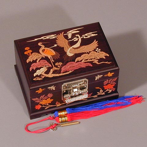 Inlaid Cranes Wood Jewelry Box