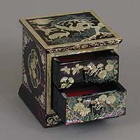 Two Drawer Purple Cranes Rice-paper Jewelry Box - open